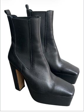 L’INTERVALLE Black Leather Chunky Platform Chelsea Boots Square Toe EU Size 40
